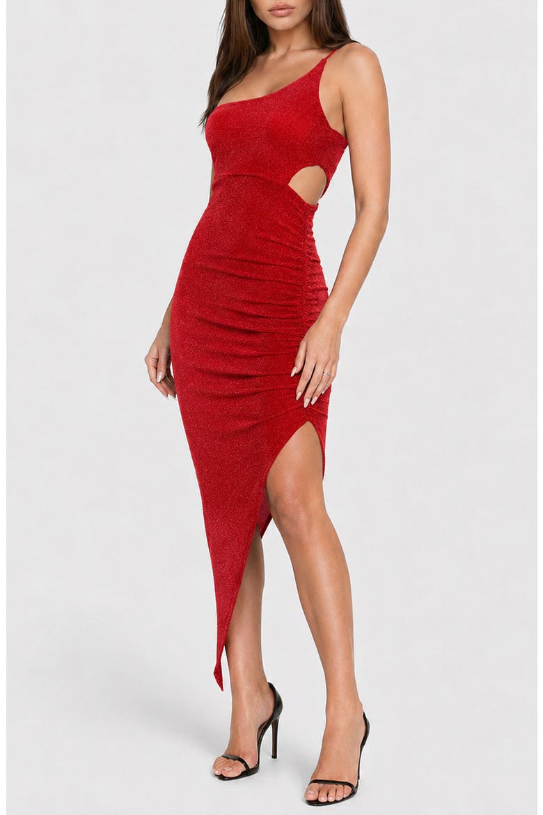 One Shoulder Asymmetric Metallic Knit Dress, Alternate, color, RED