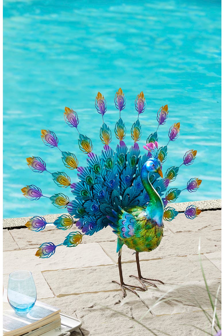 28.75"W Metal Peacock Tail Spread Garden Statue with Stakes, Alternate, color, Blue