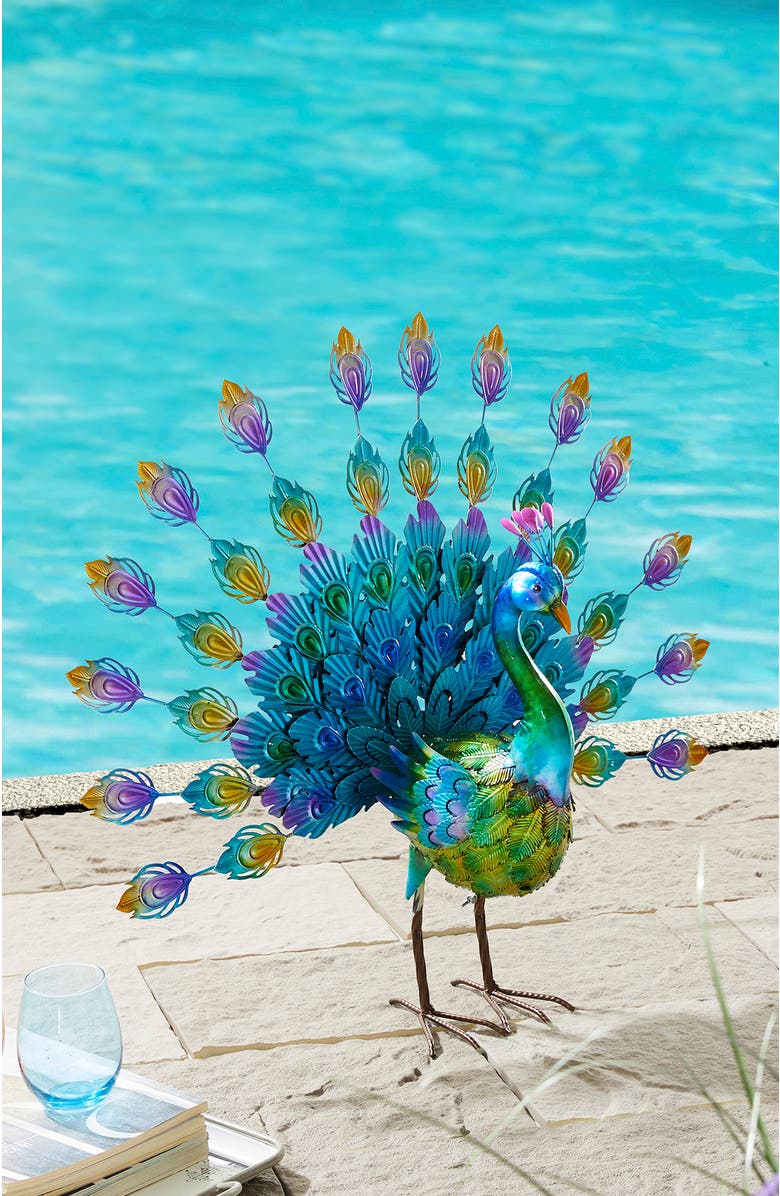 Glitzhome 28.75"W Metal Peacock Tail Spread Garden Statue with Stakes, Alternate, color, Blue