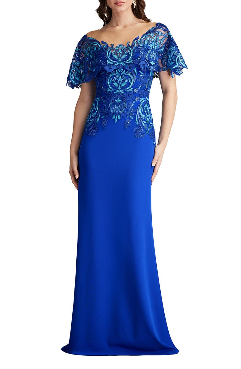 Tadashi Shoji Sequin Lace Bodice Crepe Gown, Main, color, 
