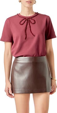 English Factory Beaded Bow Cotton T-Shirt
