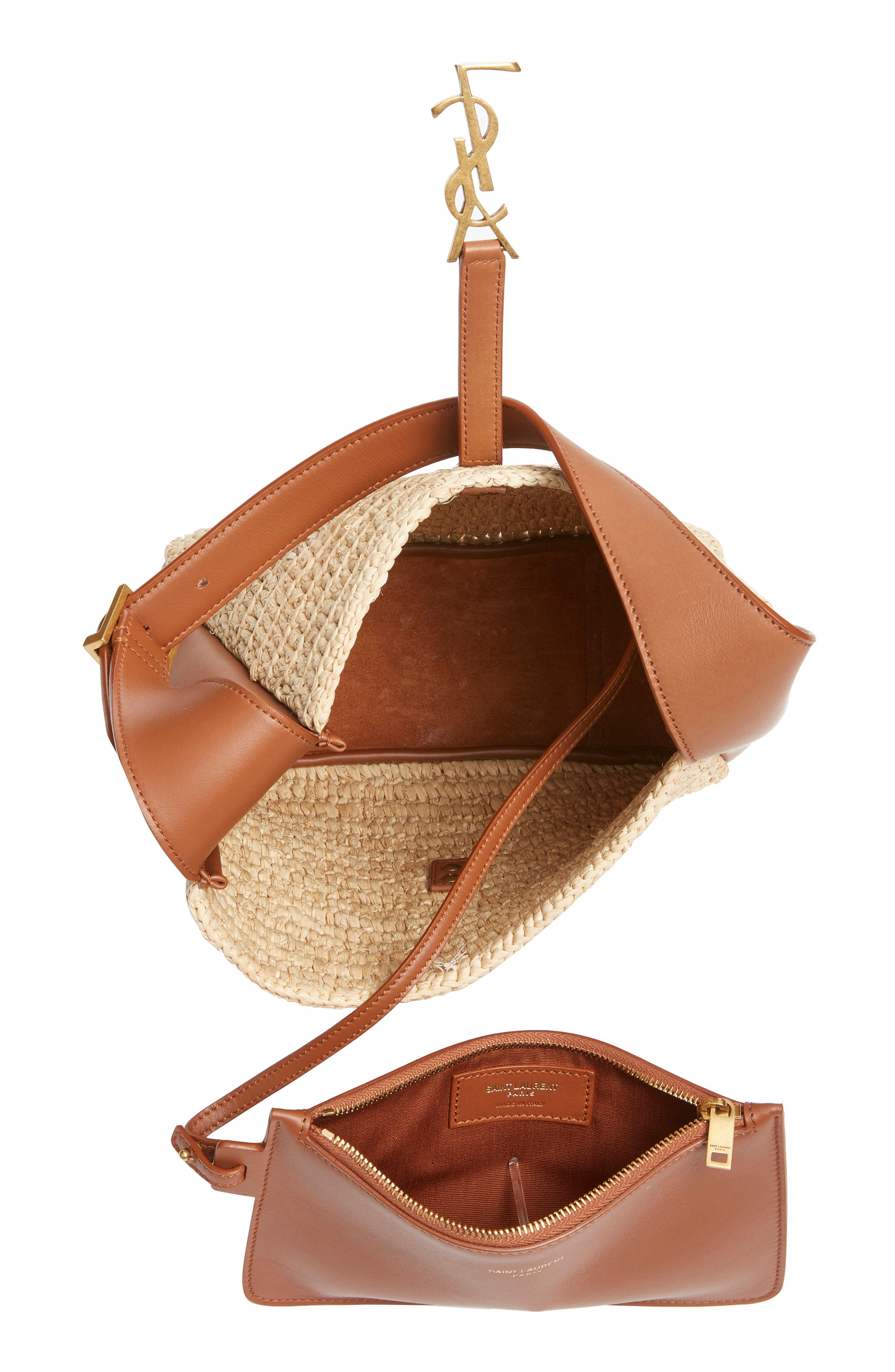 Saint Laurent Le 5 à 7 Raffia & Leather Hobo Bag, Alternate, color, Desert Dust/ Brick Canvas