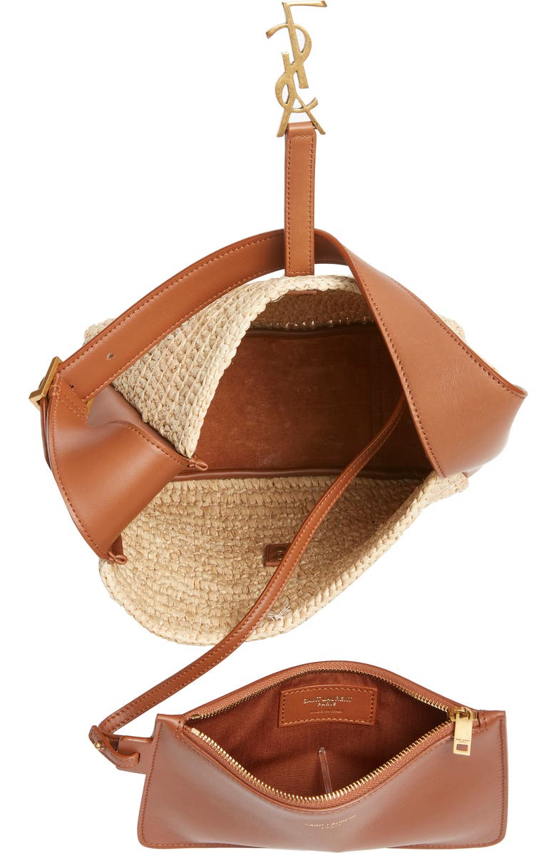 Saint Laurent Le 5 à 7 Raffia & Leather Hobo Bag, Alternate, color, Desert Dust/ Brick Canvas