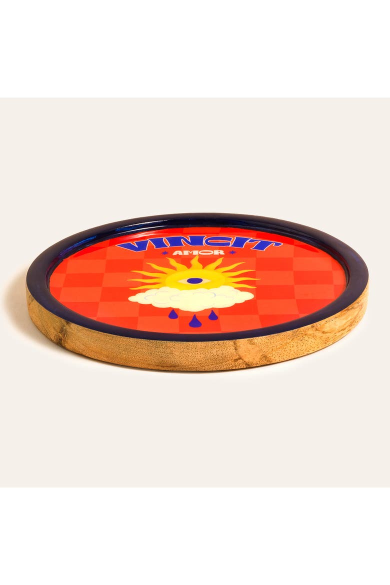 Lakri Vincit Round Wood Serving Entertaining Artisan, Alternate, color, Red