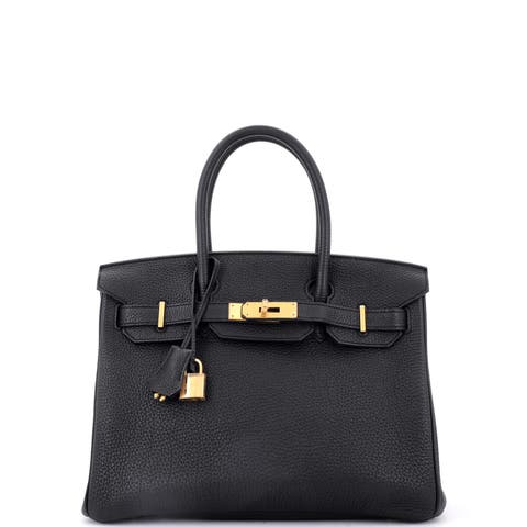 Birkin Handbag Black Clemence with Gold Hardware 30