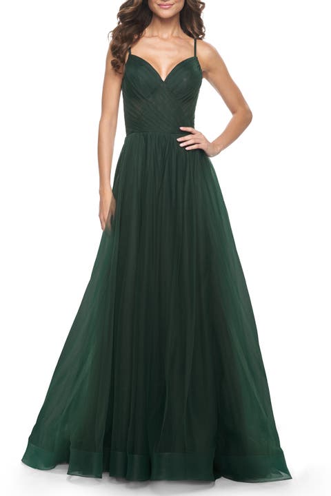 Simple Tulle A-LIne Prom Dress with Ruched Illusion Bodice