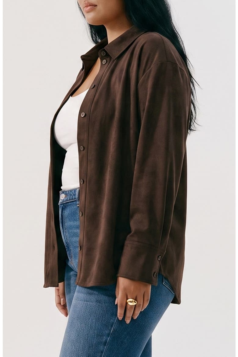 Faux Suede Button Down Shirt, Alternate, color, CHOCOLATRE TORTE