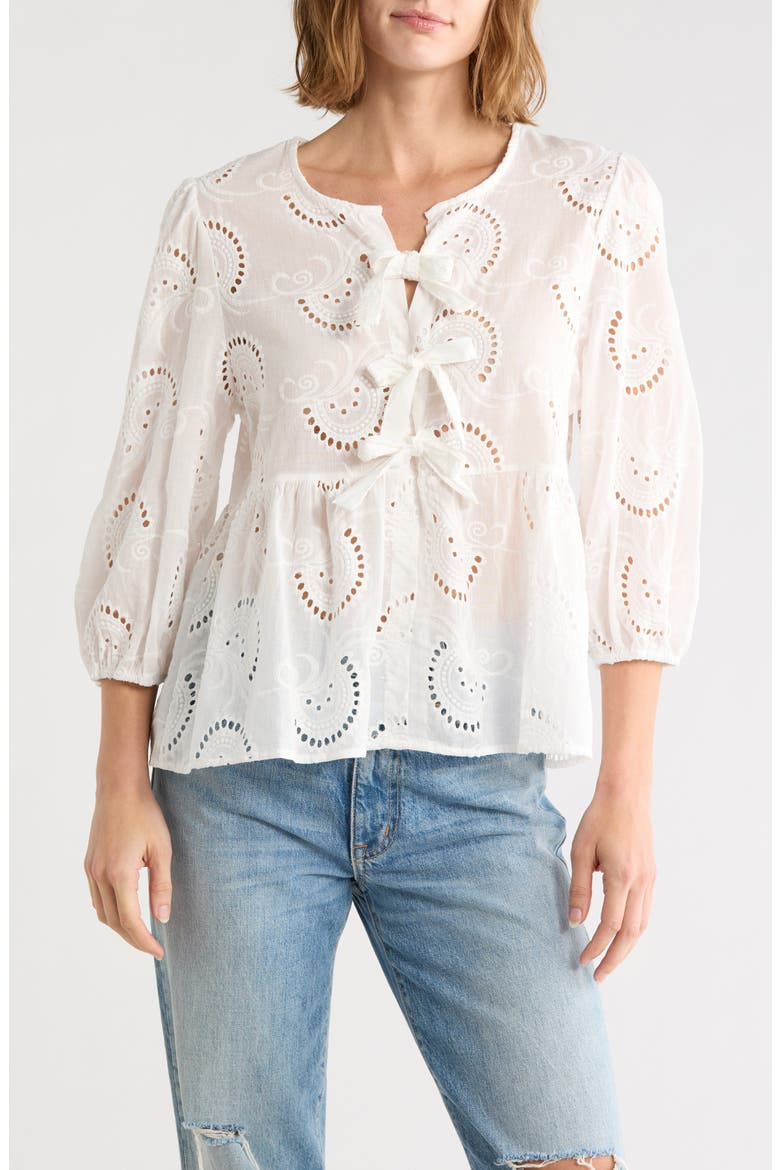 Bow Front Eyelet Cotton Top, Main, color, WHITE