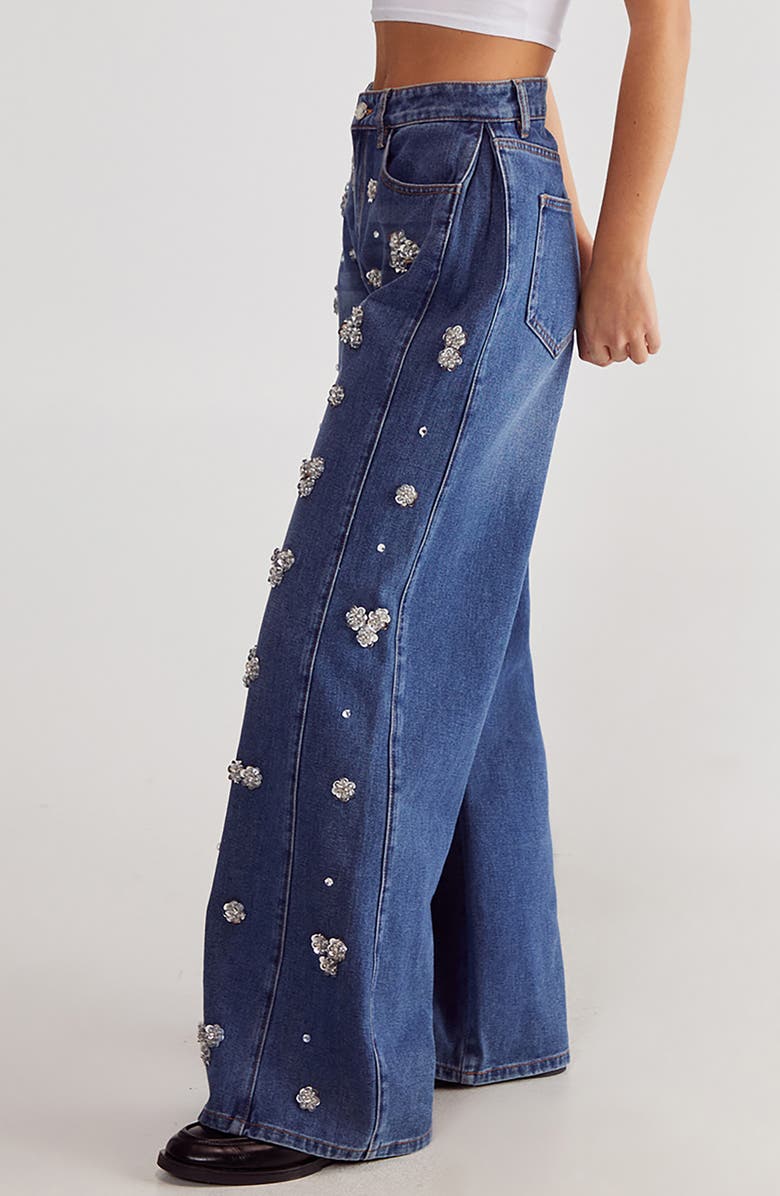 NASTY GAL Floral Embellished Wide Leg Jeans, Alternate, color, Authentic Denim