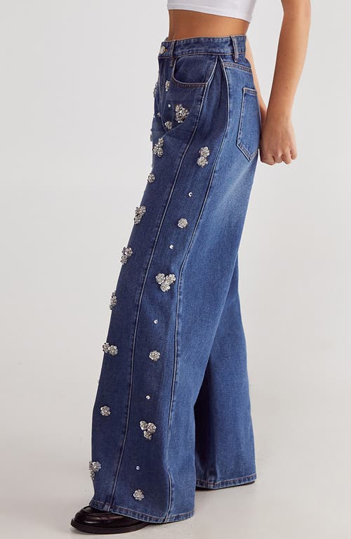 Nasty Gal Floral Embellished Wide Leg Jeans In Authentic Denim