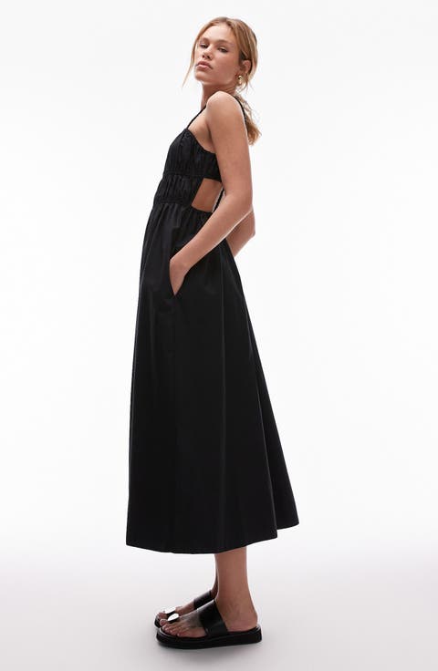 Shirred Cutout Cotton Poplin Midi Sundress