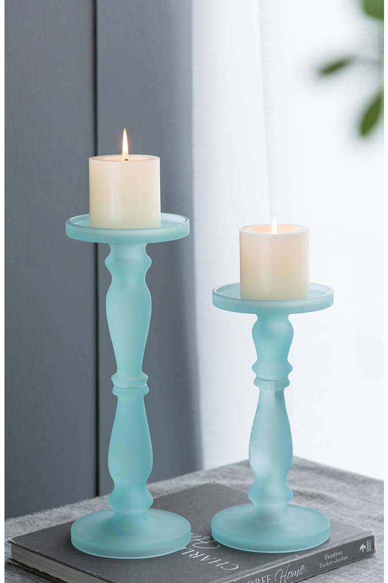 Set of Two Glass Pedestals, Alternate, color, FROST AQUA