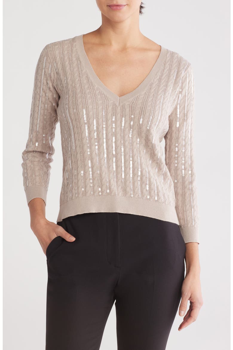 Trinity Sequin Cable V-Neck Pullover, Main, color, PALE NEUTRAL