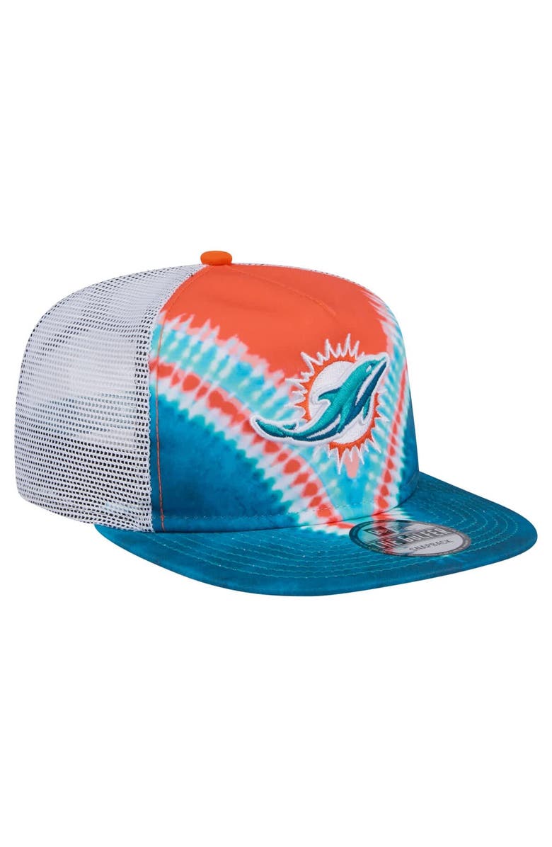 New Era Men's New Era Orange/Aqua Miami Dolphins Throwback Dye Golfer Snapback Hat, Alternate, color, Orange