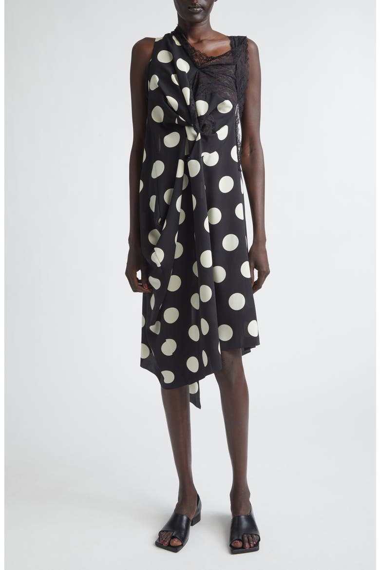 Polka Dot & Lace Asymmetric Dress, Main, color, BLACK/ OFF WHITE