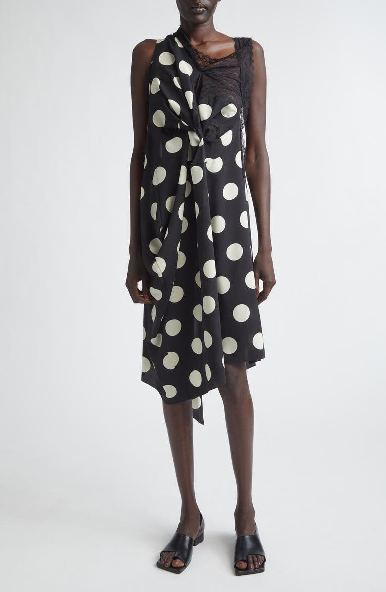 Junya Watanabe Polka Dot & Lace Asymmetric Dress, Main, color, Black/ Off White