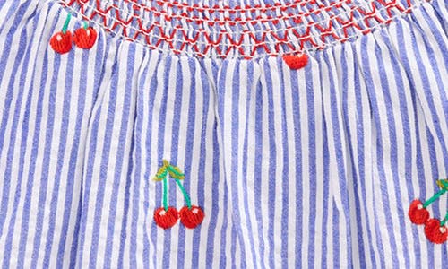 Mini Boden Kids' Smocked Embroidered Cotton Top In Blue Ticking Cherries