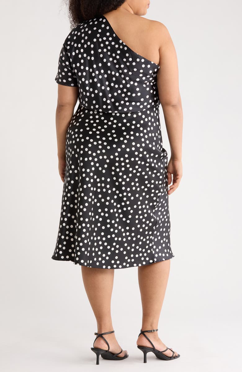 Renee C Polka Dot One-Shoulder Satin Midi Dress, Alternate, color, Black
