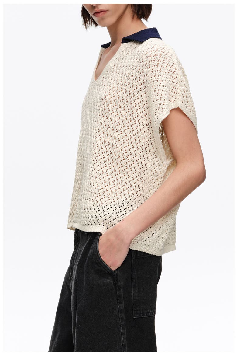 Openwork Cotton Polo Shirt Sweater, Alternate, color, IVORY