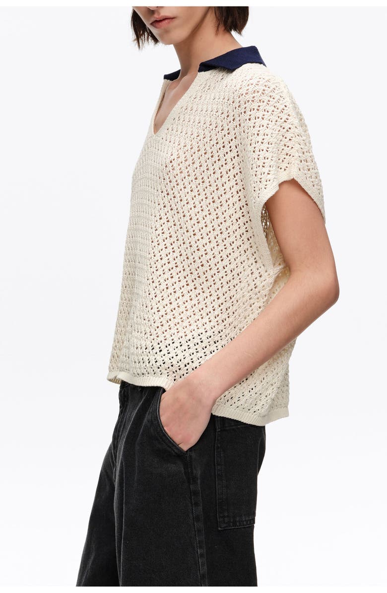 Bimba y Lola Openwork Cotton Polo Shirt Sweater, Alternate, color, Ivory