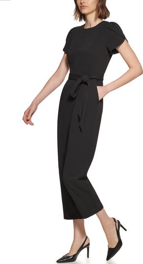 Puff Shoulder Crop Straight Leg Jumpsuit