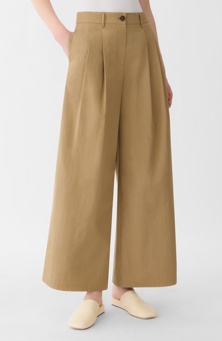 Lafayette 148 New York Park Pleated Organic Cotton Poplin Wide Leg Ankle Pants, Main, color, Cadet Khaki