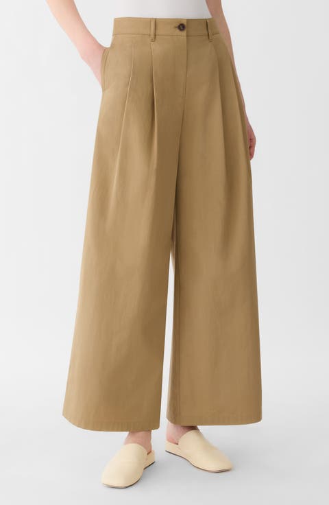 Park Pleated Organic Cotton Poplin Wide Leg Ankle Pants