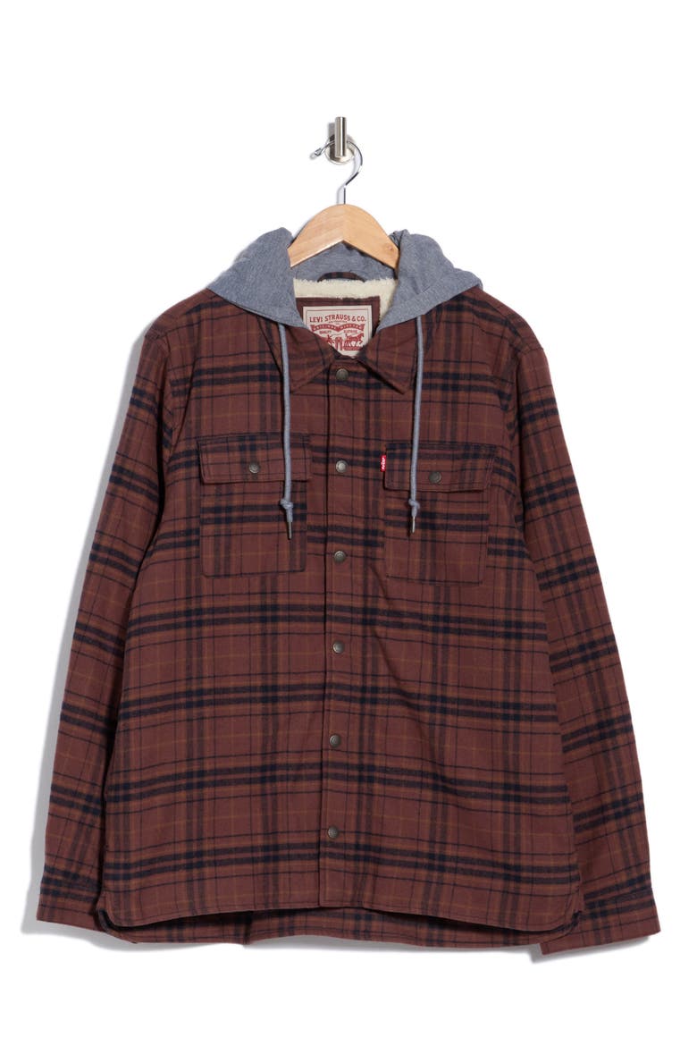 Plaid Faux Shearling Lined Hooded Shirt Jacket, Main, color, BITTER CHC