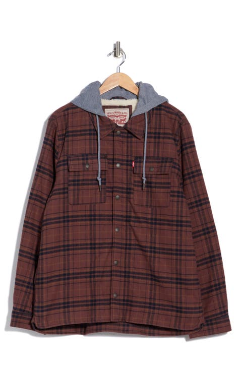 Plaid Faux Shearling Lined Hooded Shirt Jacket