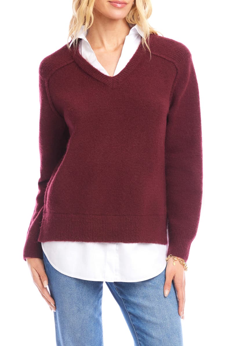 Karen Kane Mixed Media Layered Sweater, Main, color, Wine