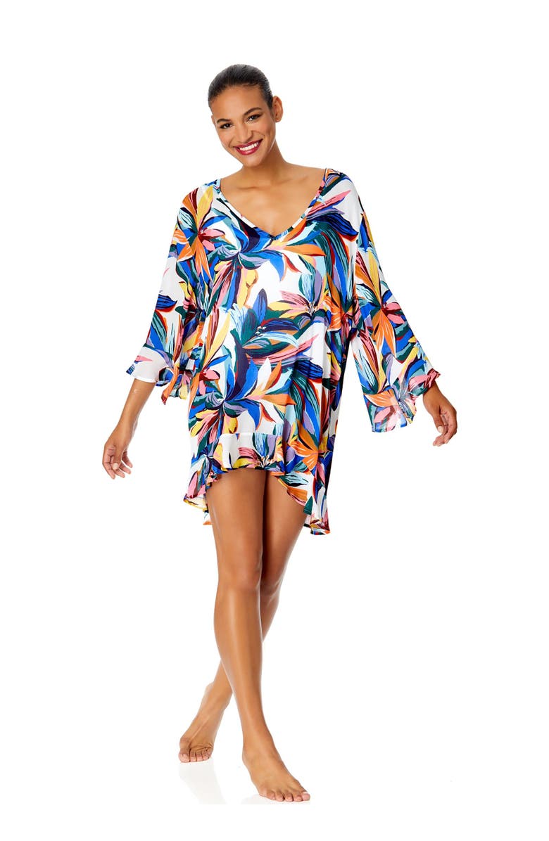 Anne Cole Women's Gradient Floral Flounce V Neck Tunic Swimsuit Cover Up, Alternate, color,