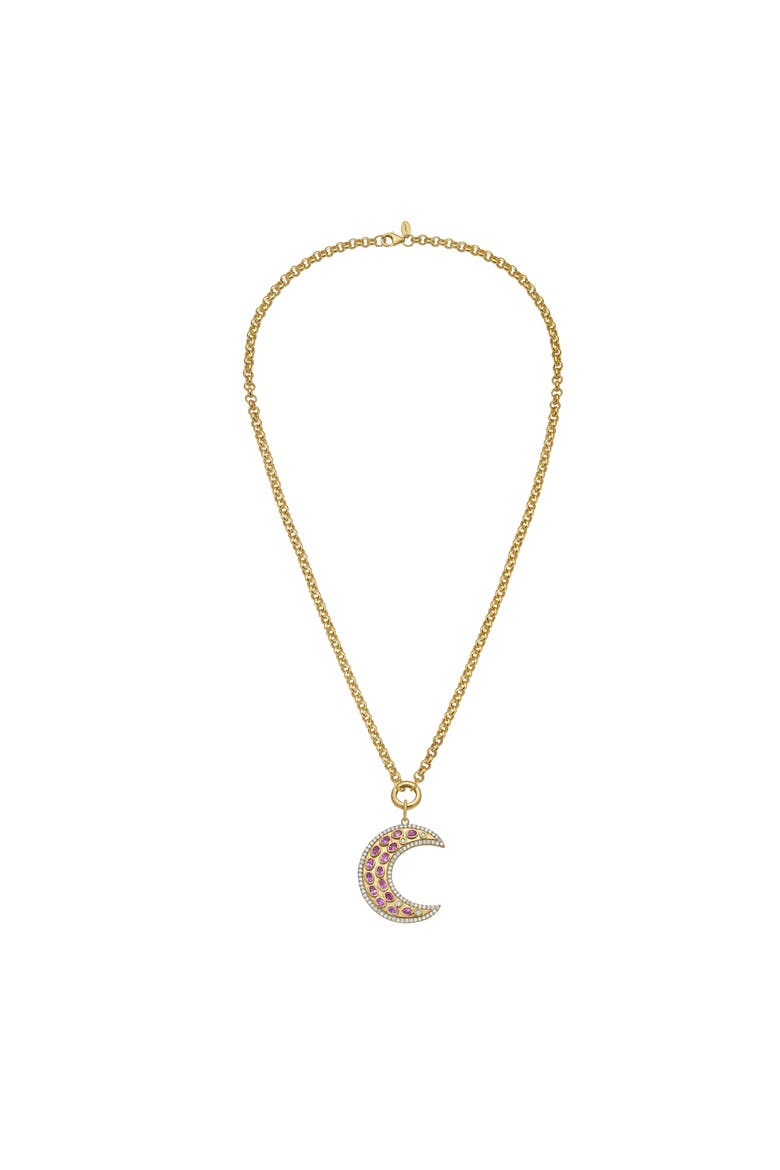 14K Gold Måneskin Pink Sapphire Moon Charm Rolo Necklace, Main, color, GOLD
