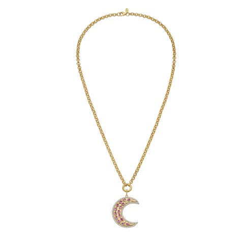 14K Gold Måneskin Pink Sapphire Moon Charm Rolo Necklace