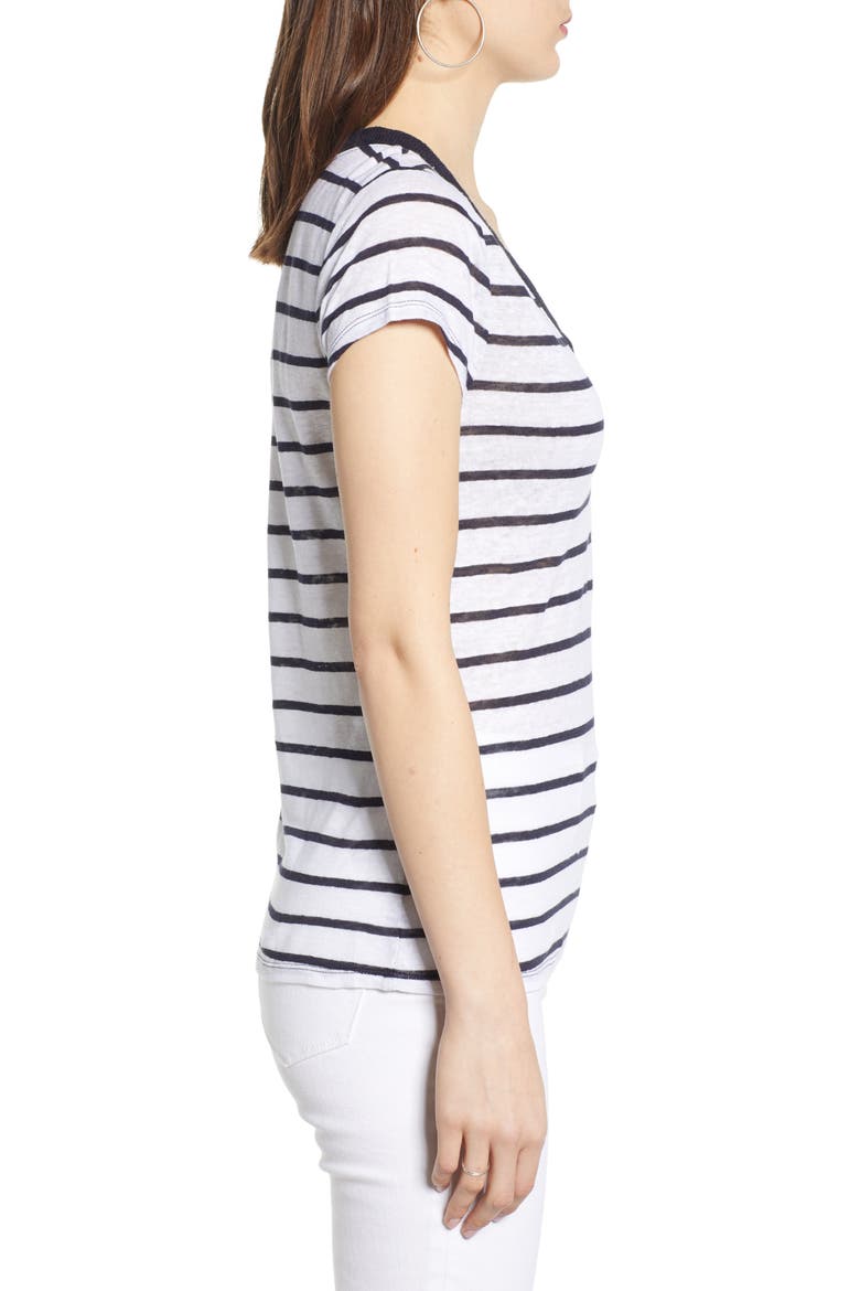 Cap Sleeve V-Neck Linen Tee, Alternate, color, NAVY ECLIPSE STRIPE