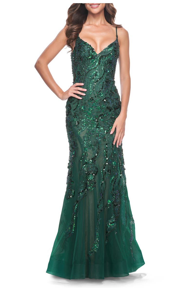 La Femme Mermaid Sequin and Beaded Embellished Prom Dress, Main, color, Emerald