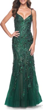 La Femme Mermaid Sequin and Beaded Embellished Prom Dress