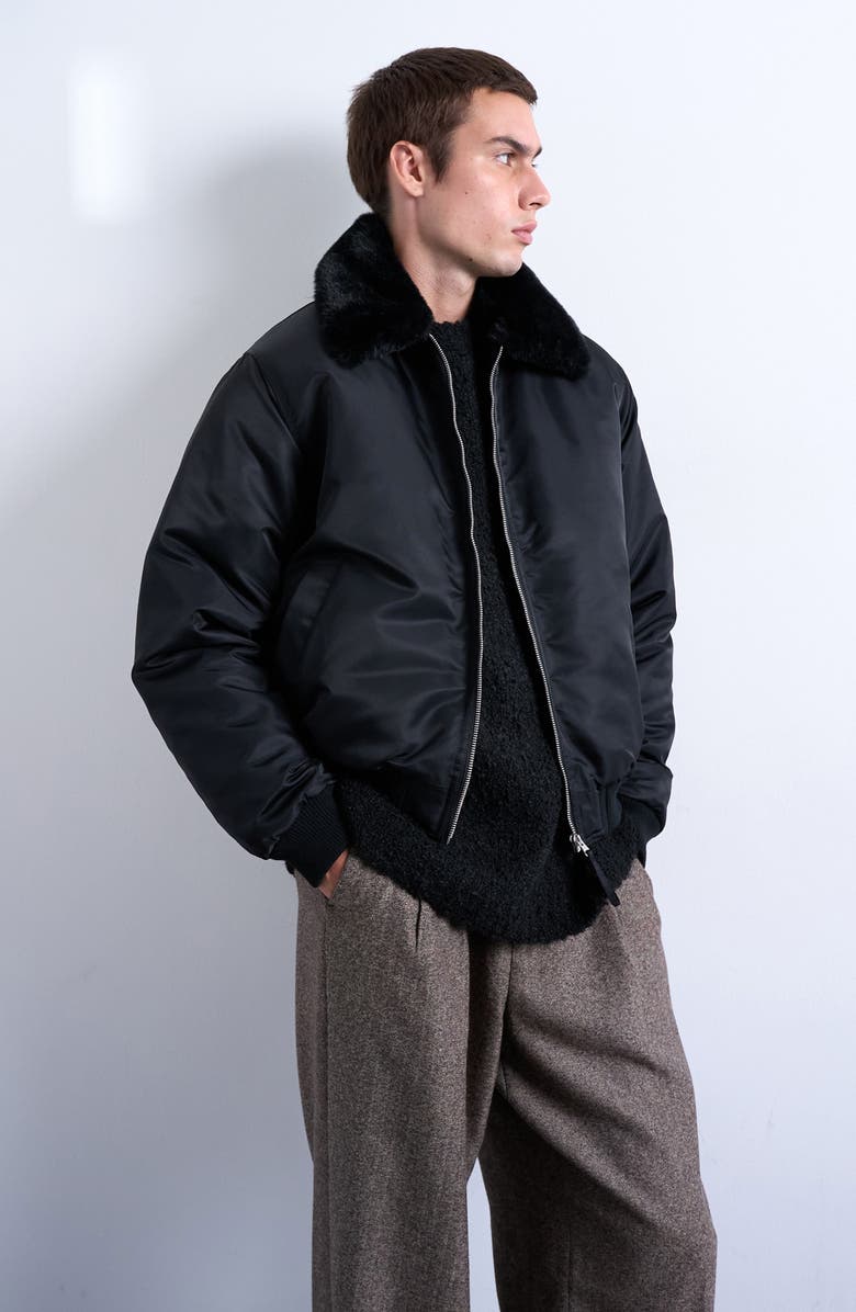 Topman Faux Fur Collar Bomber Jacket, Alternate, color, Black