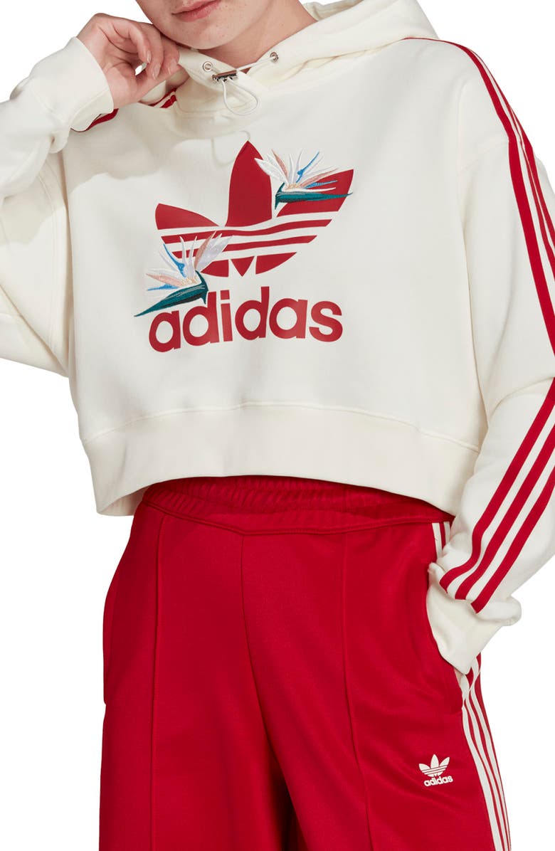 adidas Originals x Thebe Magugu Embroidered 3-Stripes Crop Cotton Graphic Logo Hoodie, Main, color, 