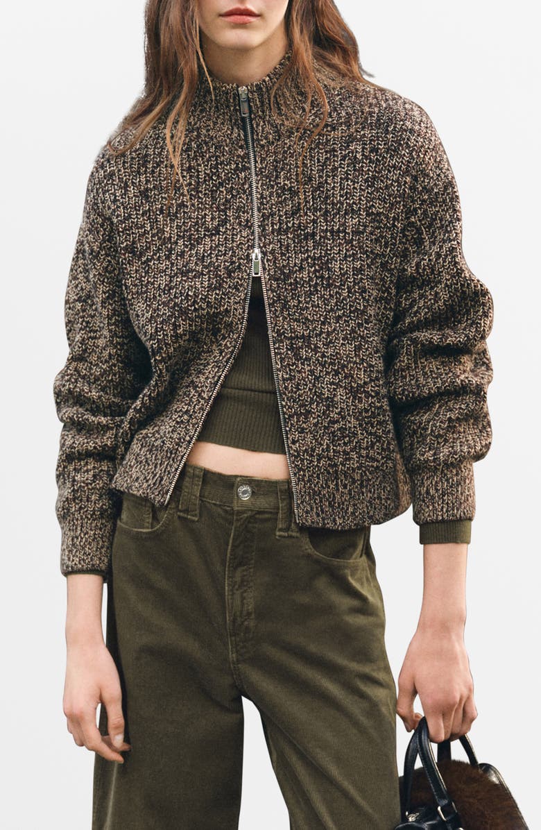 MANGO Mélange Zip-Up Cardigan, Main, color, Chocolate