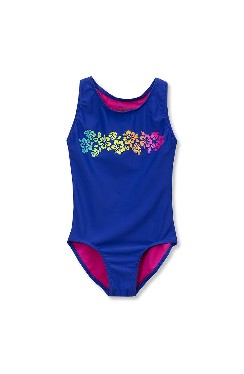 Lands' End Girls Chlorine Resistant Sporty Hi-Neck Racer Back One Piece Swimsuit, Main, color, Dazzling Blue Floral