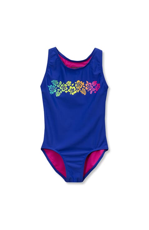 Girls Chlorine Resistant Sporty Hi-Neck Racer Back One Piece Swimsuit