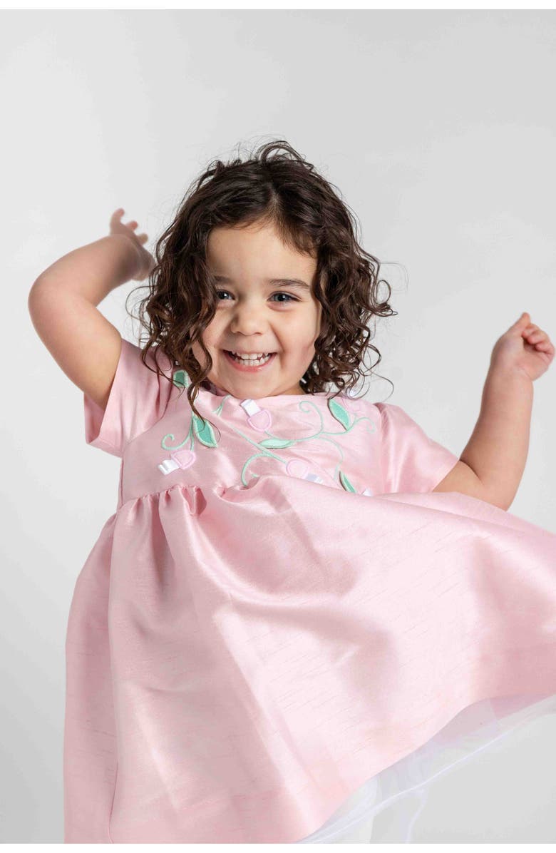 Florence Eiseman Dupioni Dress With Flower Vines, Alternate, color, Pink