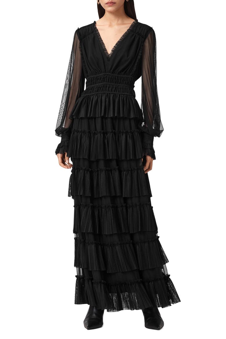 Xantara Long Sleeve Tiered Dress, Main, color, BLACK