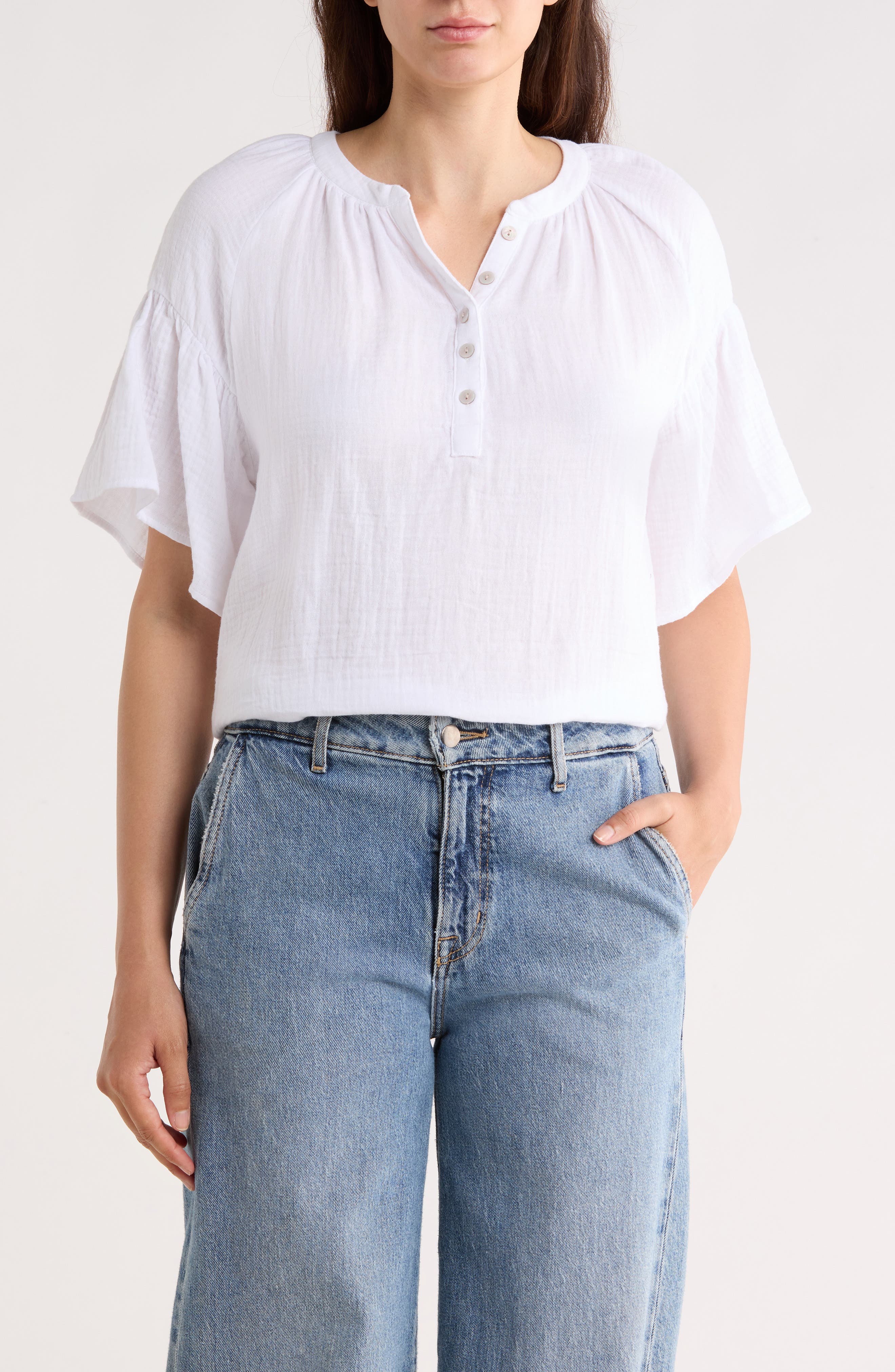 Trove New York Flutter Sleeve Cotton Gauze Henley