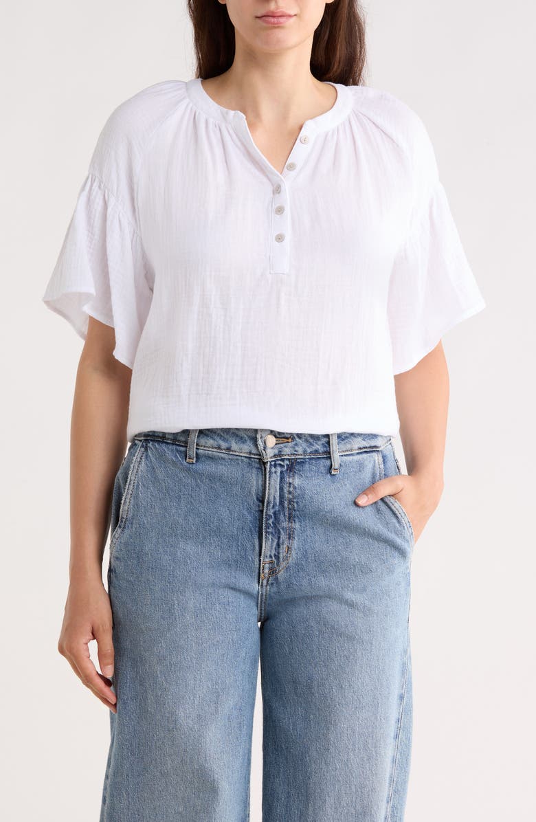 Trove New York Flutter Sleeve Cotton Gauze Henley, Main, color, White