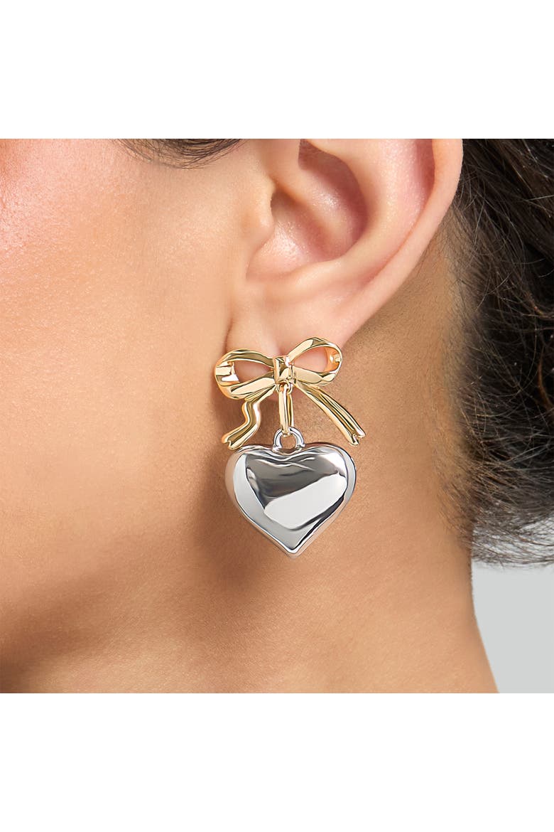 Silver Heart Drop Earrings with Gold Bow Accent, Alternate, color, Silver