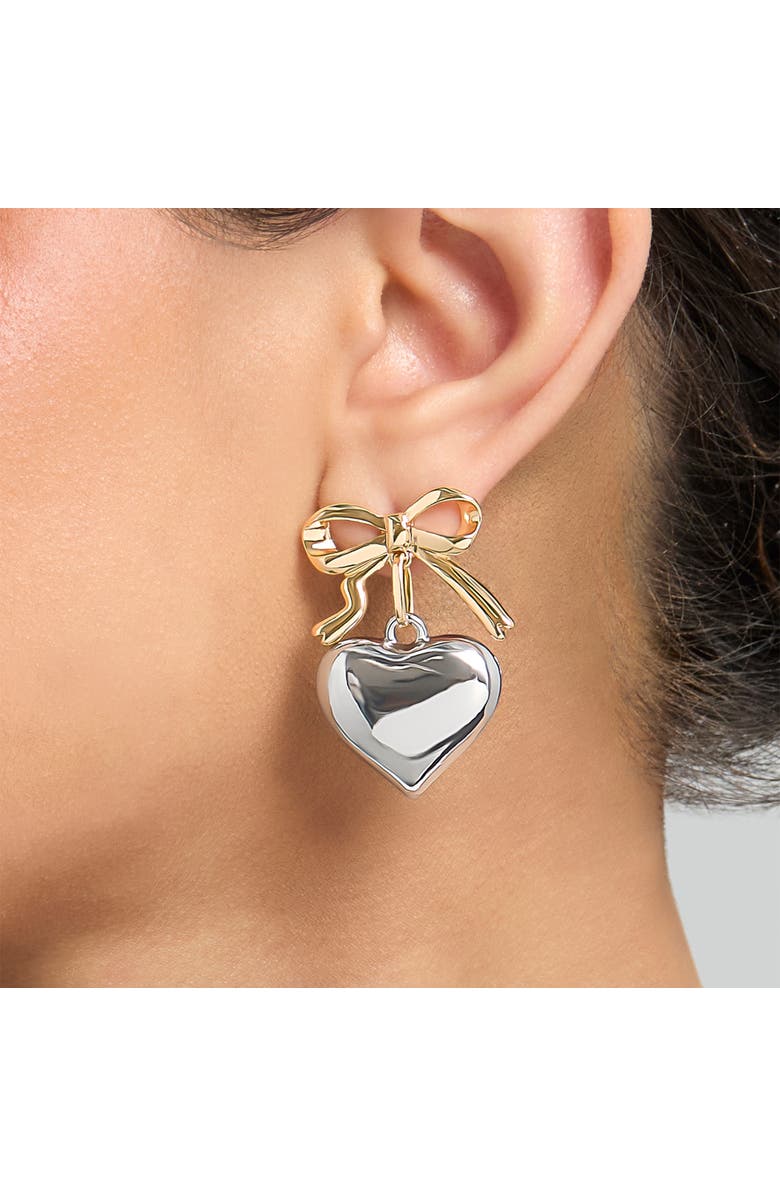 BCBG Generation Silver Heart Drop Earrings with Gold Bow Accent, Alternate, color, Silver