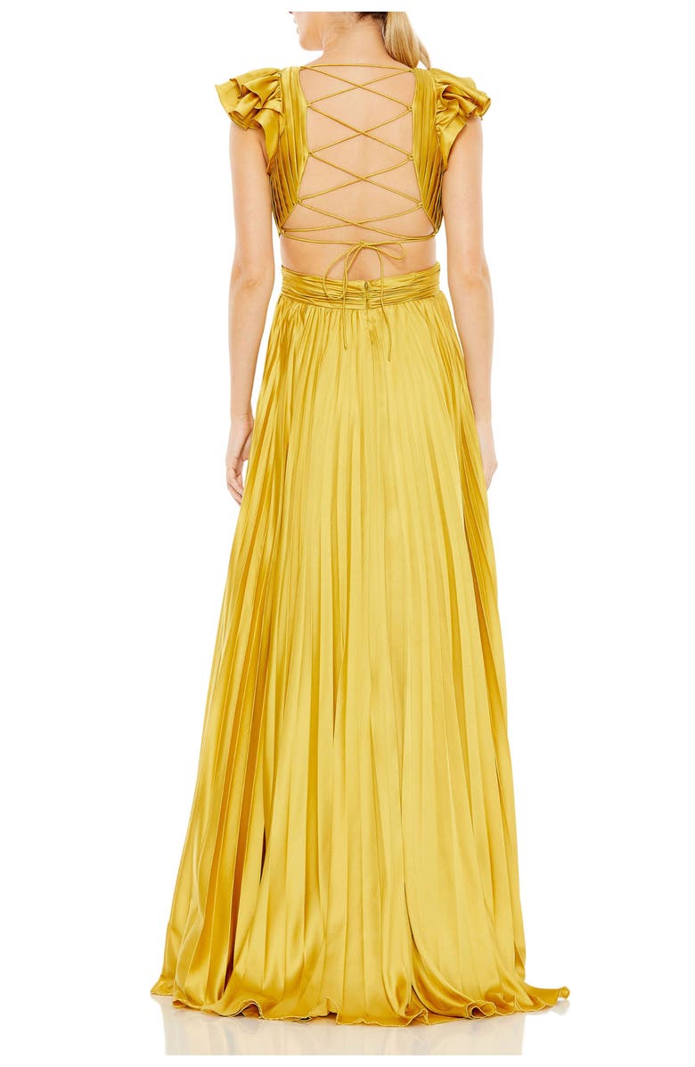 Mac Duggal Pleated Ruffled Cap Sleeve Cut Out Lace Up Gown, Alternate, color, Chartreuse