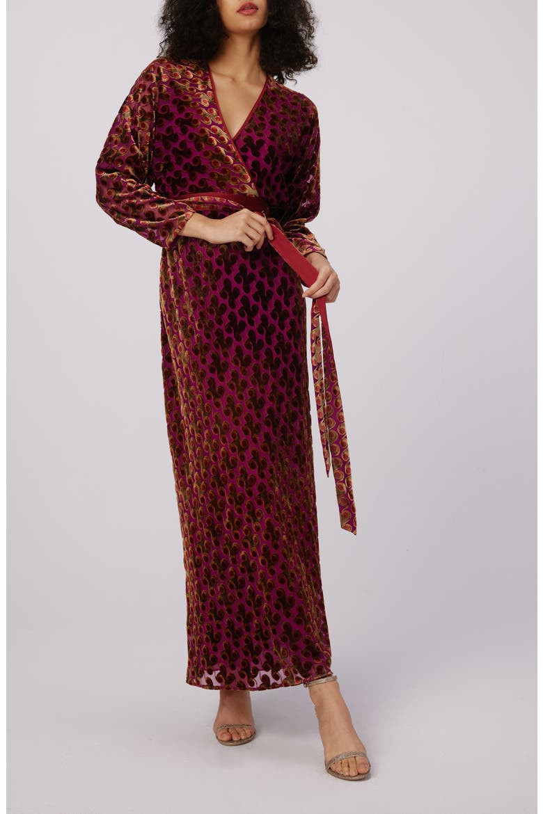 Babette Velvet Burnout Long Sleeve Maxi Wrap Dress, Main, color, CURTAIN CALL B/O VELVET PLUM