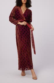 DVF Babette Velvet Burnout Long Sleeve Maxi Wrap Dress